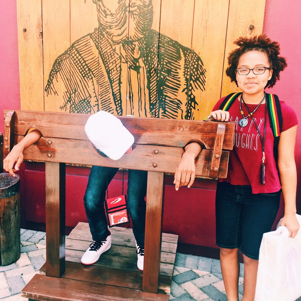 Christion and Victoria in front of the pirates museum in Nassau Bahamas