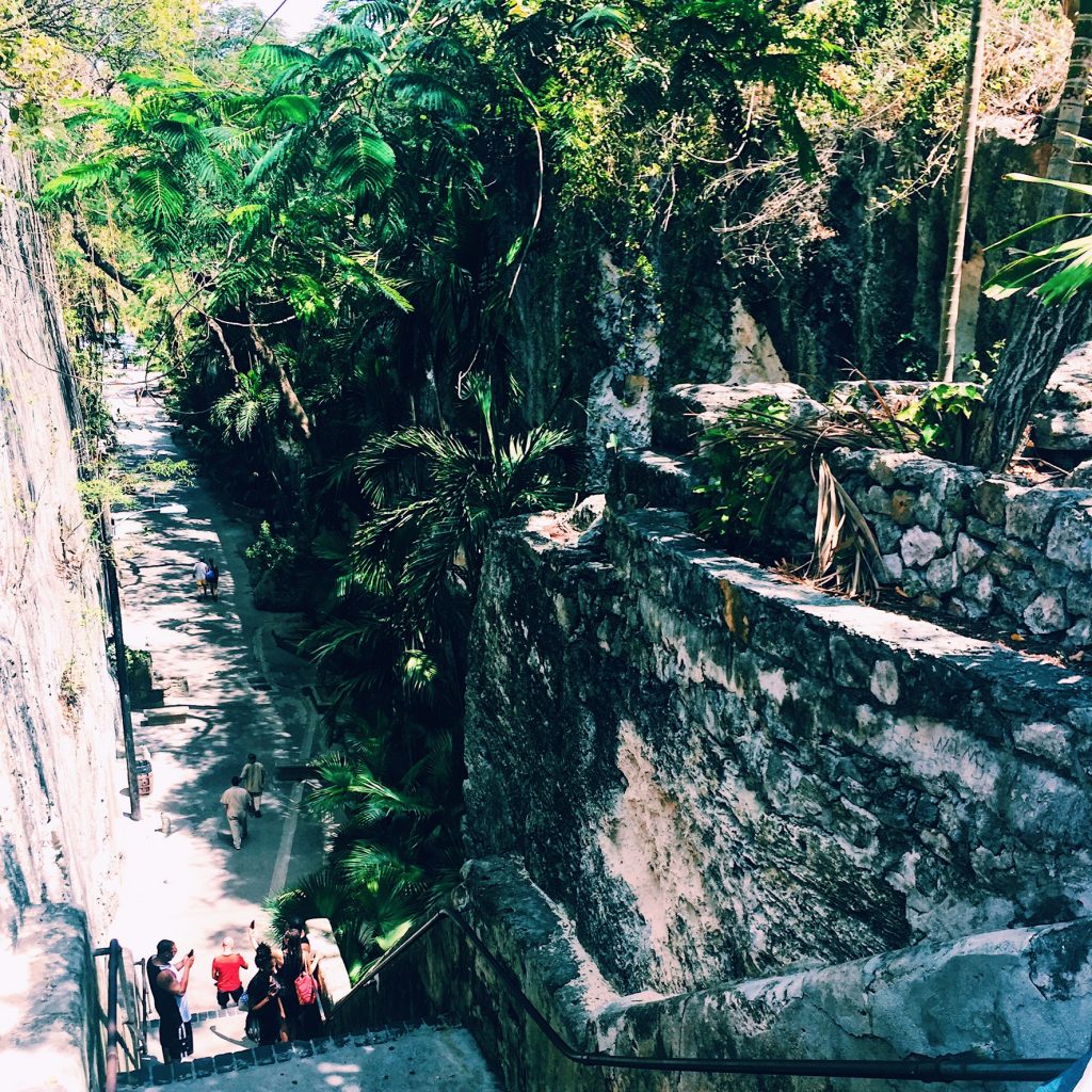 A look down at all the steps of the Queen's Staircase in Nassau Bahamas